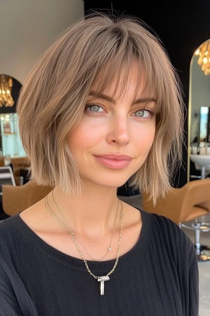 Textured Asymmetrical Bob with Soft Wispy Bangs
