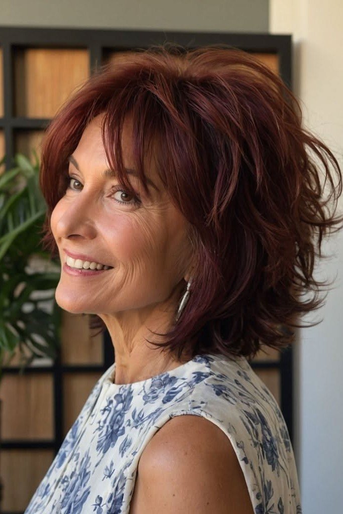 Textured Auburn Shag Bob with Wispy Bangs