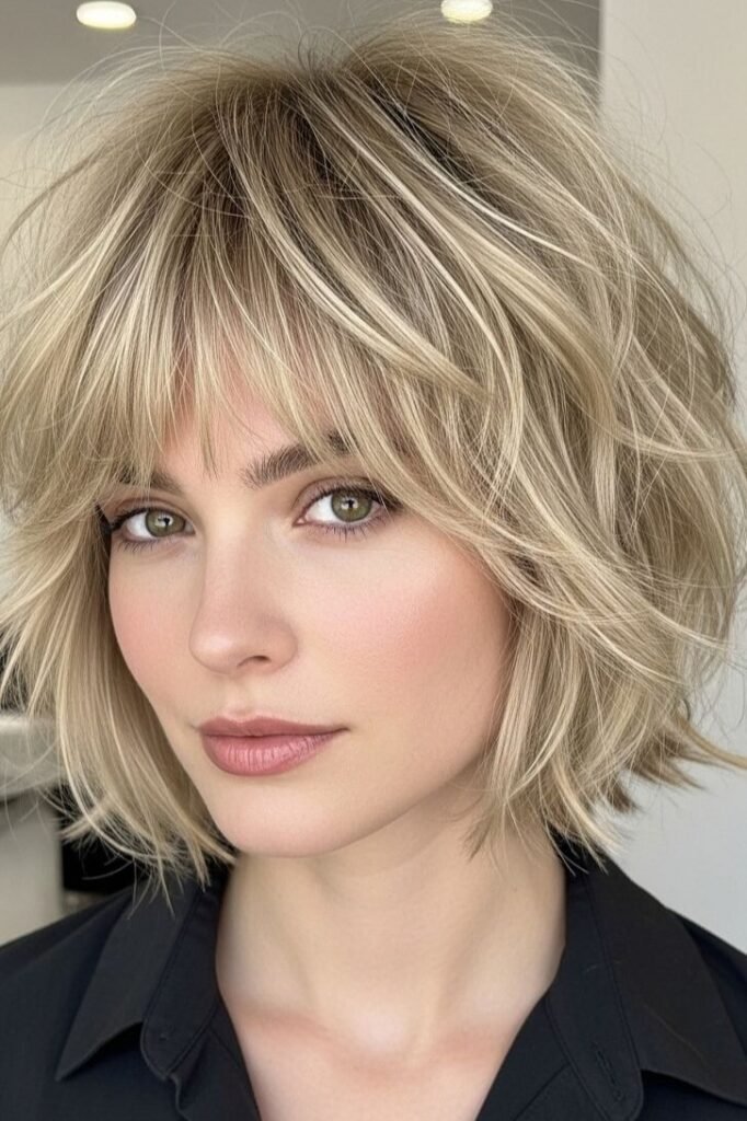 Textured Blonde Bob with Curtain Bangs