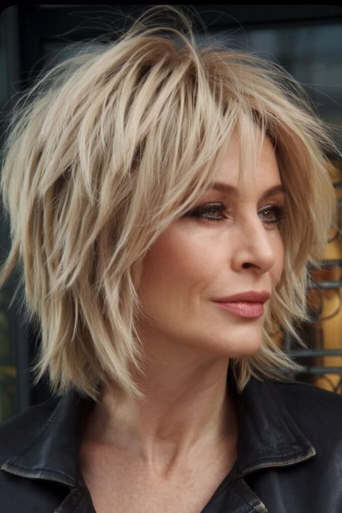 Textured Blonde Choppy Shaggy Bob with Layered Bangs