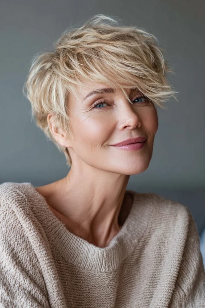 Textured Blonde Pixie Cut with Side-Swept Fringe
