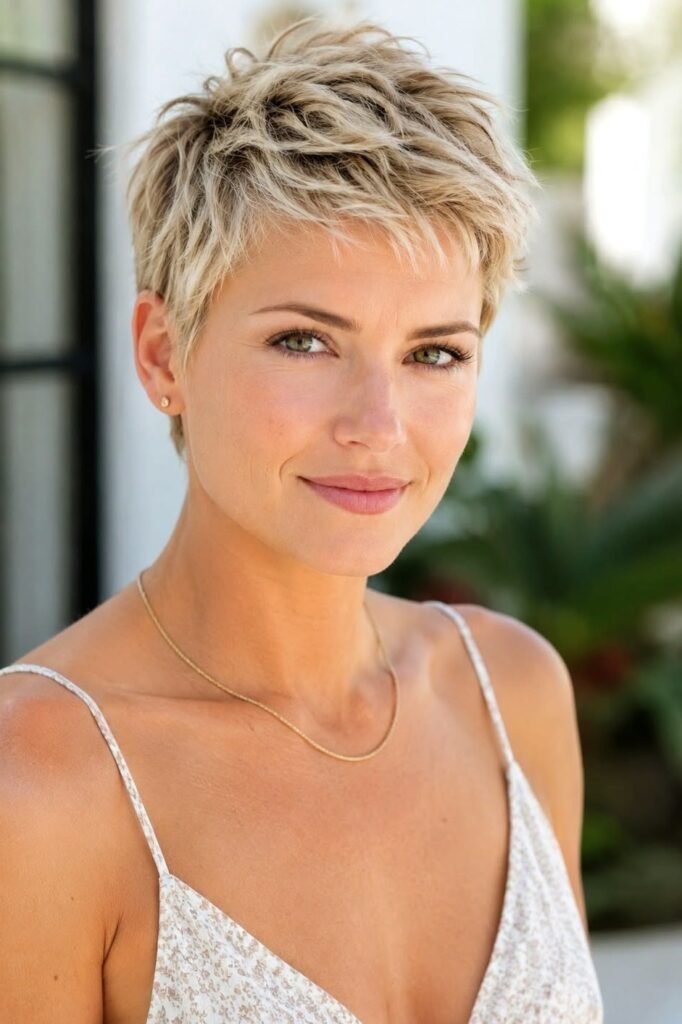 Textured Blonde Pixie Cut with Spiked Layers