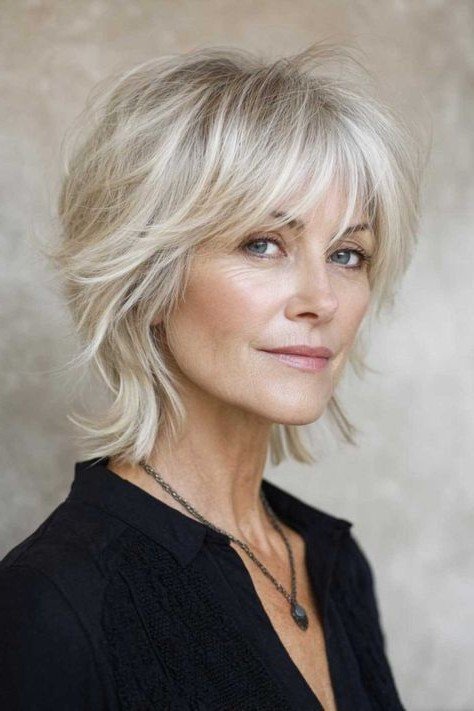 Textured Blonde Shaggy Bob with Curtain Bangs