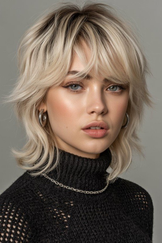 Textured Blonde Shaggy Bob with Curtain Bangs