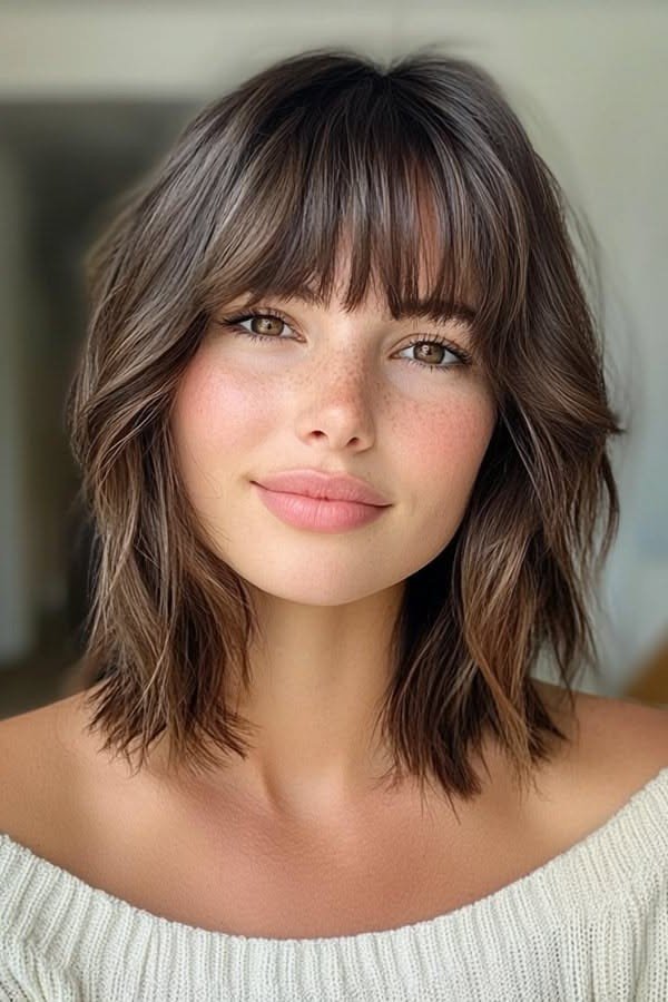 Textured Bob with Full Bangs and Highlights