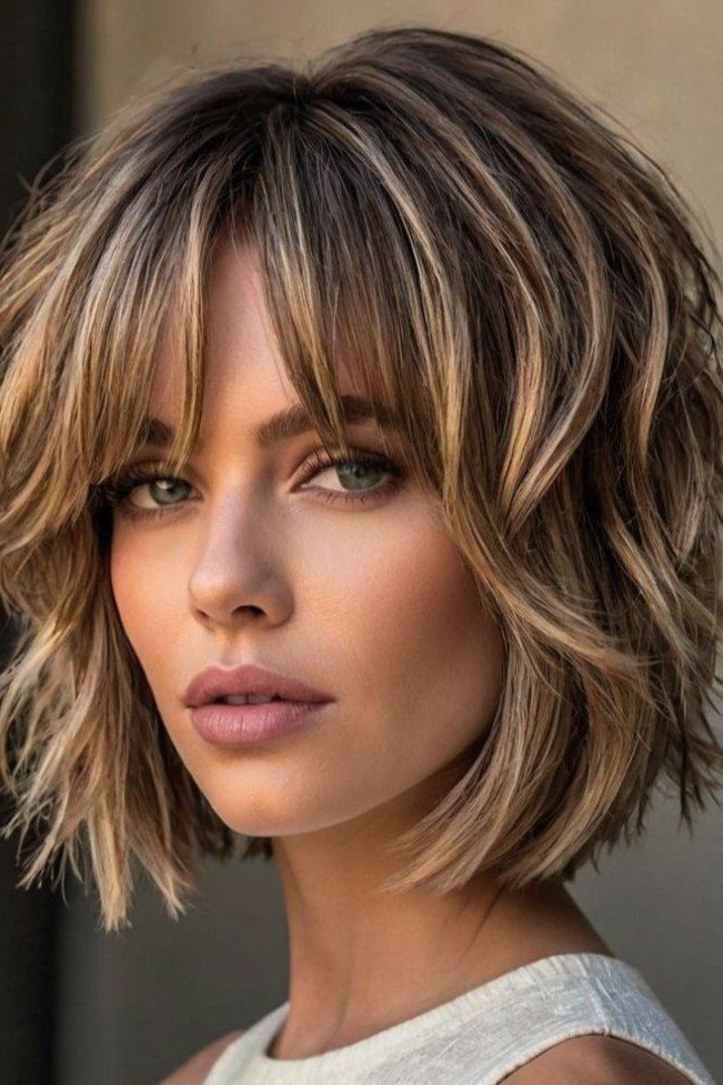 Textured Bob with Highlights and Wispy Bangs
