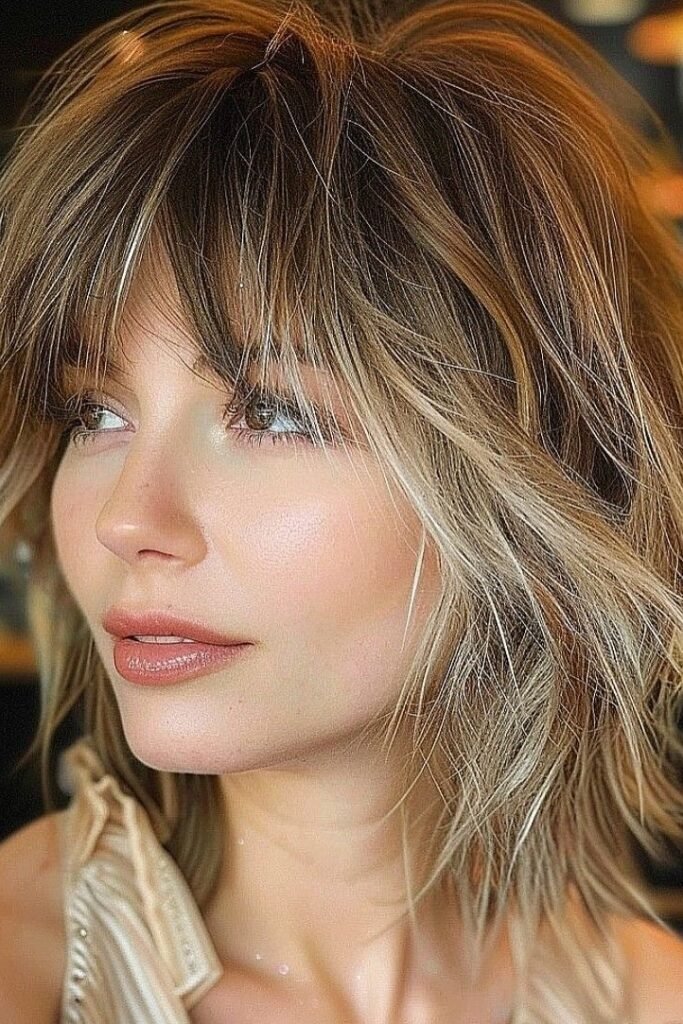 Textured Bob with Highlights and Wispy Bangs