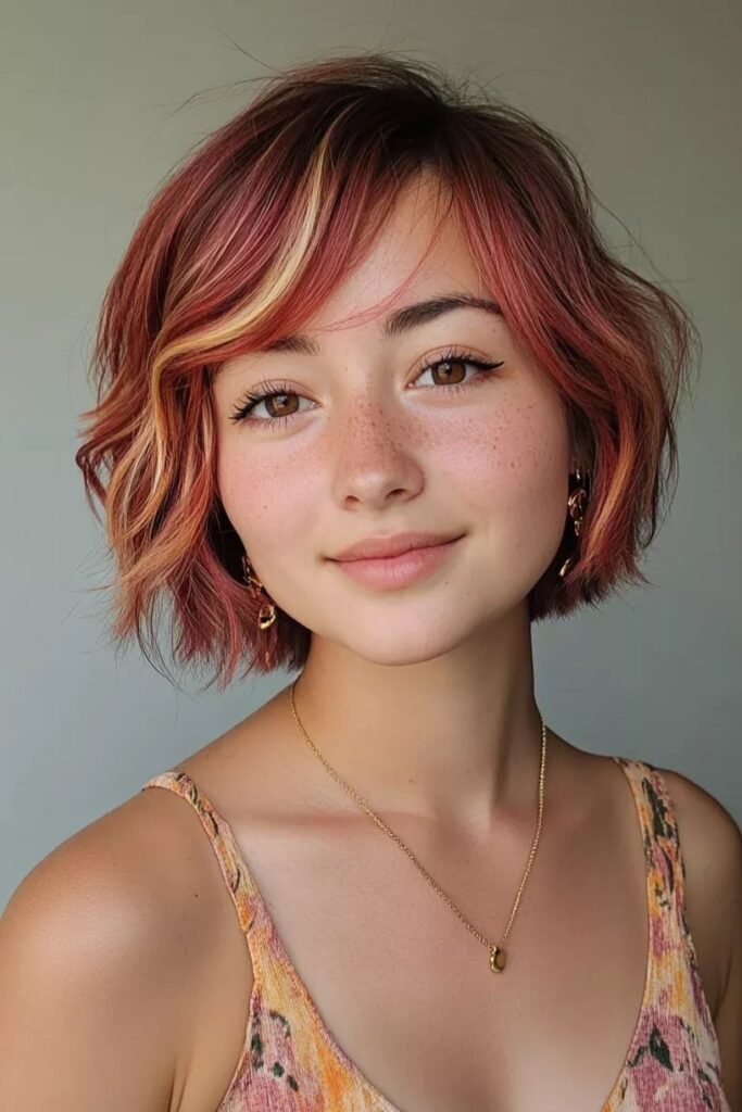 Textured Bob with Pink and Blonde Highlights
