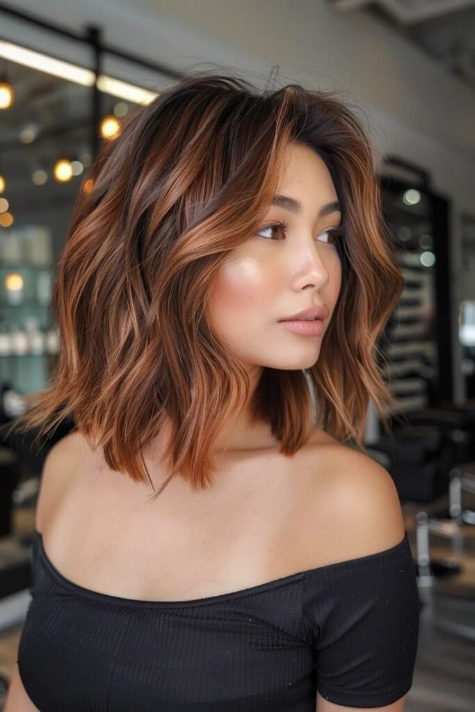 Textured Bob with Waves and Warm Highlights