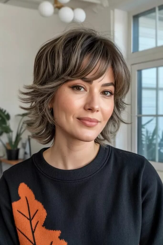 Textured Brown Bob with Soft Highlights and Curtain Bangs