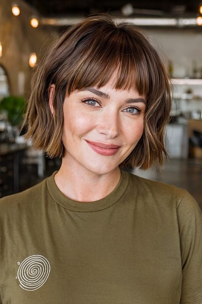 Textured Brown Bob with Straight Bangs and Gentle Waves