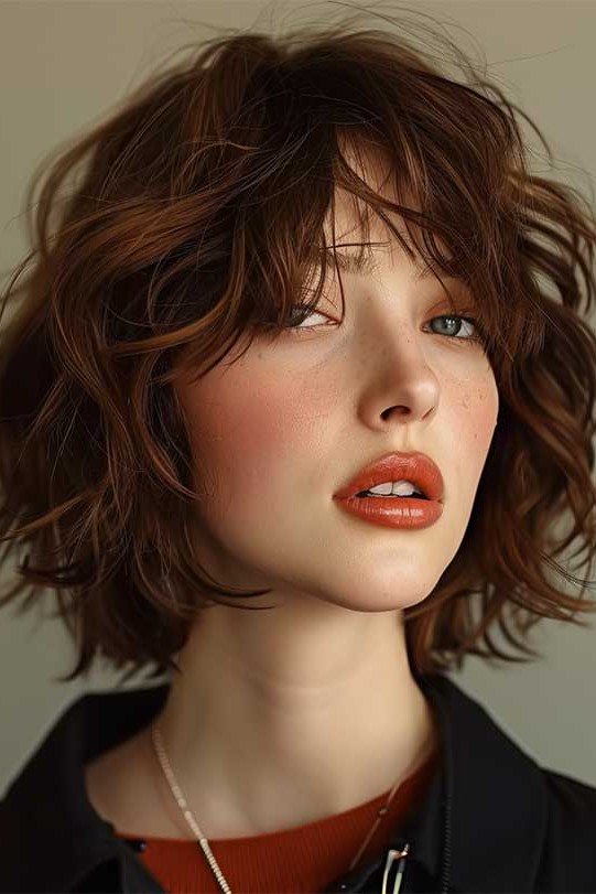 Textured Brown Shaggy Bob with Bangs