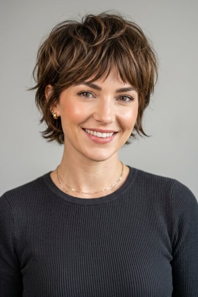 Textured Brown Shaggy Pixie Bob with Wispy Bangs