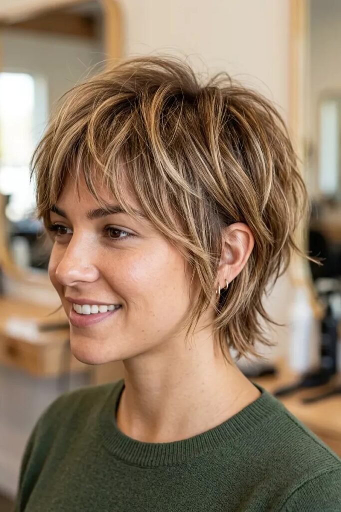 Textured Caramel Highlighted Choppy Bob with Curtain Bangs