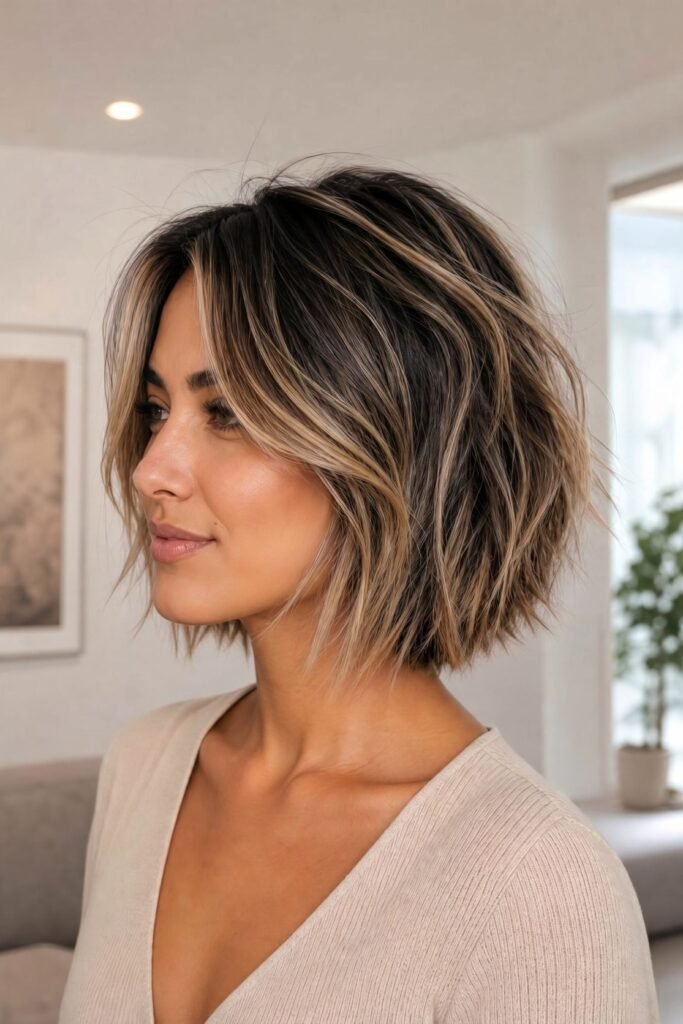 Textured Choppy Bob with Blonde Face-Framing Highlights