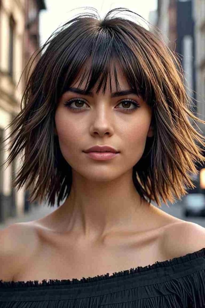 Textured Choppy Bob with Straight Fringe Bangs