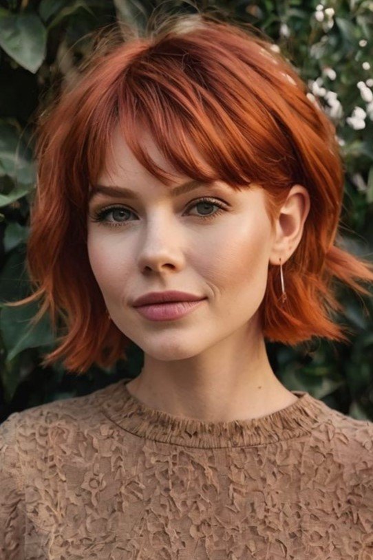 Textured Copper Bob with Wispy Bangs