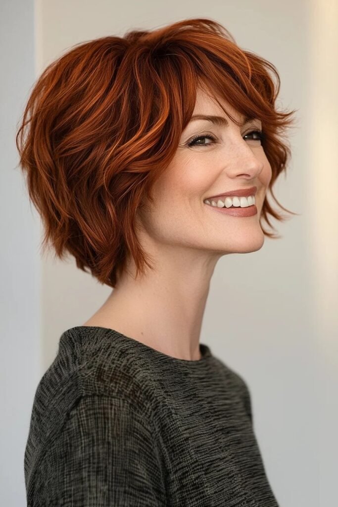 Textured Copper Shaggy Bob with Side-Swept Bangs