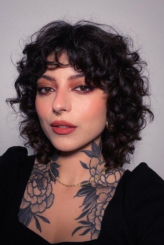 Textured Curly Bob with Full Bangs