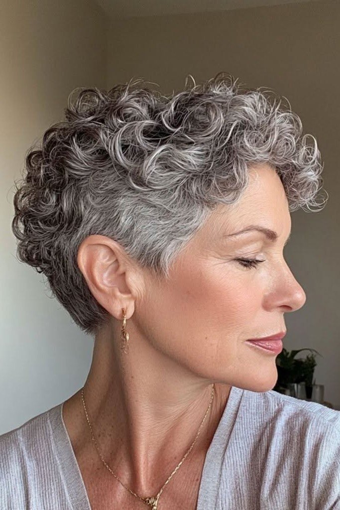 Textured Curly Grey Pixie Cut with Soft Side Profile