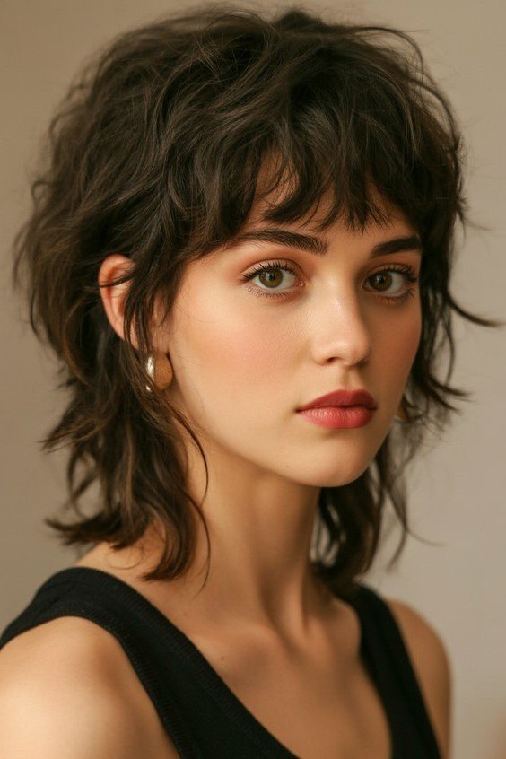 Textured Dark Brown Shaggy Bob with Bangs