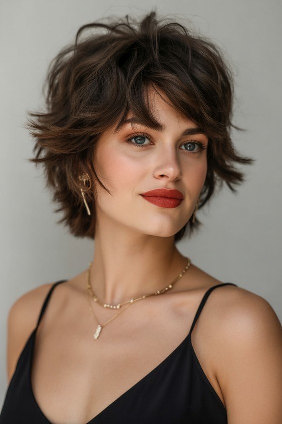 Textured Dark Brown Shaggy Bob with Side-Swept Bangs