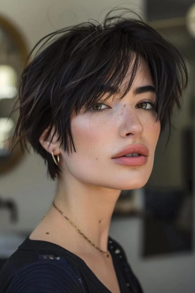 Textured Dark Choppy Bob with Wispy Bangs