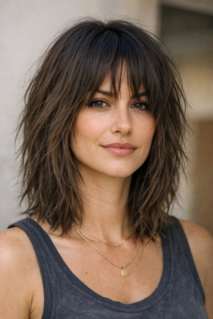 Textured Dark Choppy Haircut with Wispy Bangs