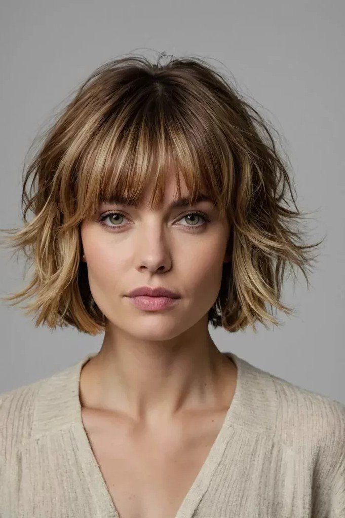 Textured Layered Bob with Straight Bangs
