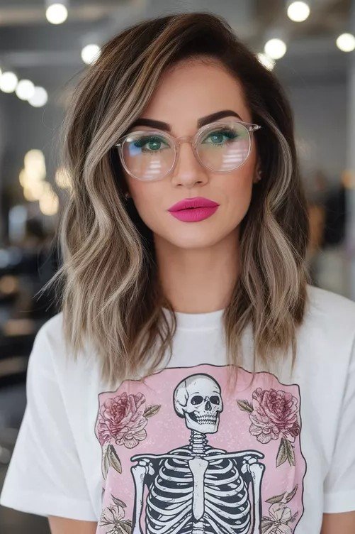 Textured Layered Lob with Soft Blonde Highlights and Glasses