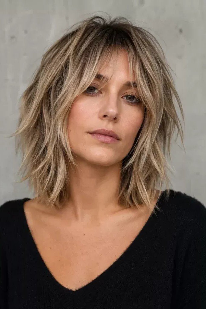 Textured Lob with Face-Framing Layers and Bangs