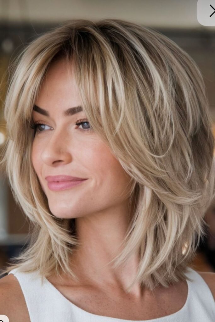 Textured Lob with Face-Framing Layers and Curtain Bangs