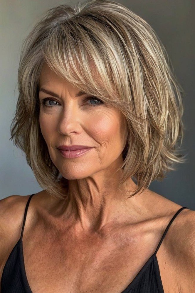 Textured Medium Bob with Side-Swept Bangs and Highlights