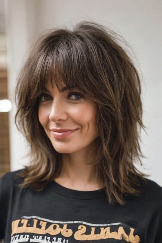 Textured Medium Brown Shag Hair with Bangs