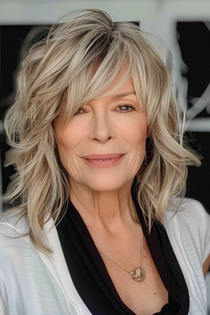Textured Medium-Length Shag with Side-Swept Bangs