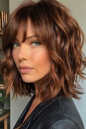 Textured Mid-Length Shag with Soft Bangs and Auburn Highlights