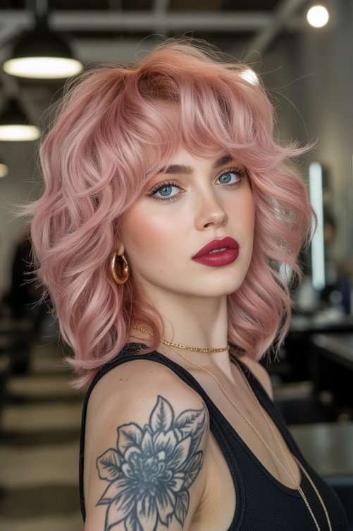 Textured Pink Shaggy Bob with Curtain Bangs