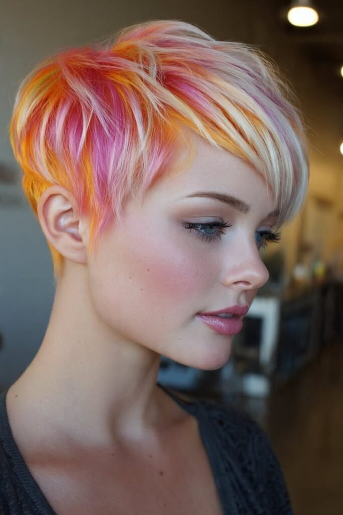 Textured Pixie Cut with Vivid Pink and Orange Highlights