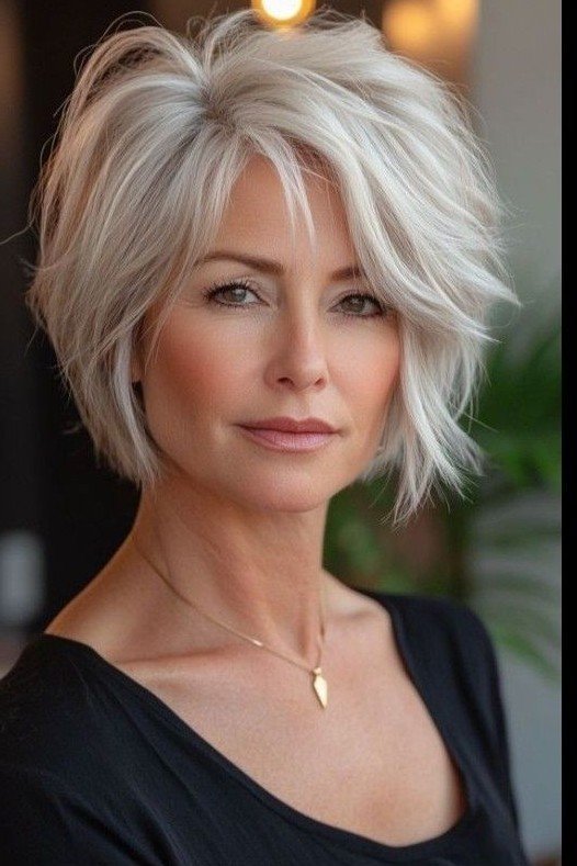 Textured Platinum Bob with Side-Swept Bangs