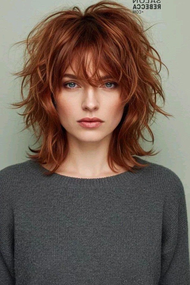 Textured Red Choppy Shag Bob with Curtain Bangs