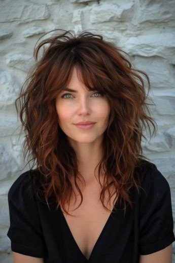 Textured Shag Haircut with Curtain Bangs and Auburn Waves