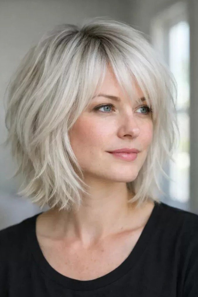 Textured Shaggy Bob with Platinum Shags and Bangs