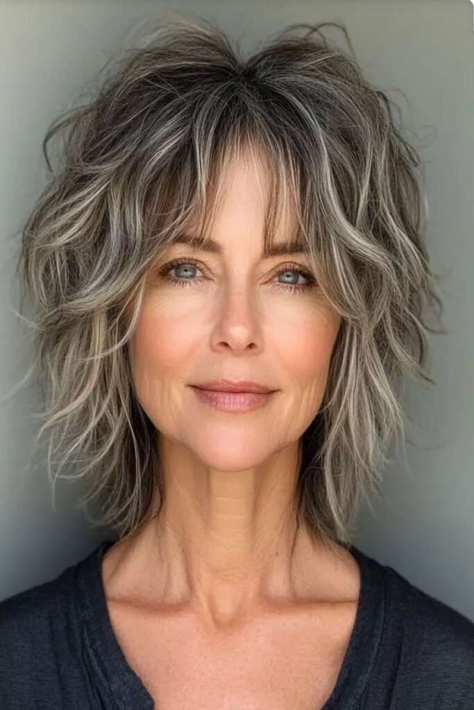 Textured Shaggy Bob with Salt-and-Pepper Highlights