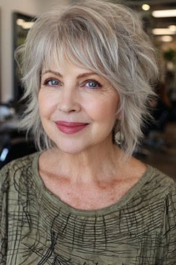 Textured Shaggy Bob with Silver Layers