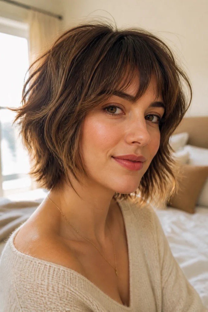 Textured Shaggy Bob with Soft Fringe