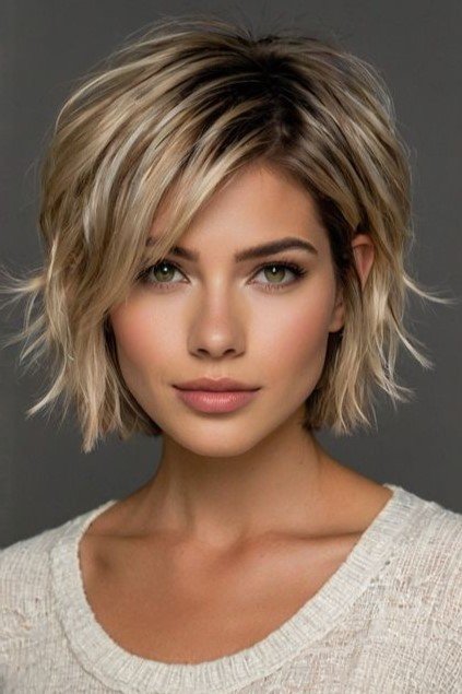 Textured Short Bob with Side-Swept Bangs