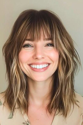 Textured Shoulder-Length Cut with Soft Highlights and Bangs