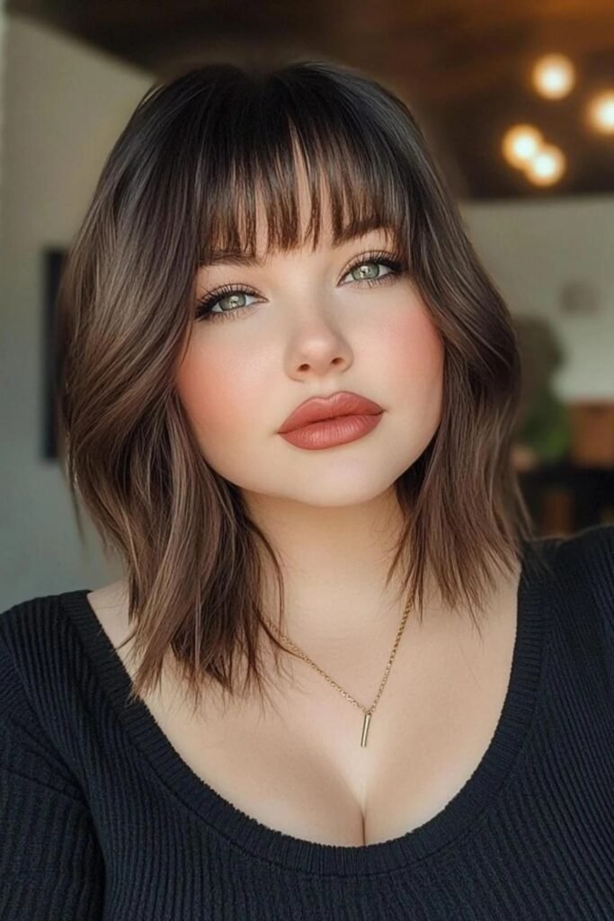 Textured Shoulder-Length Hair with Straight-Across Bangs