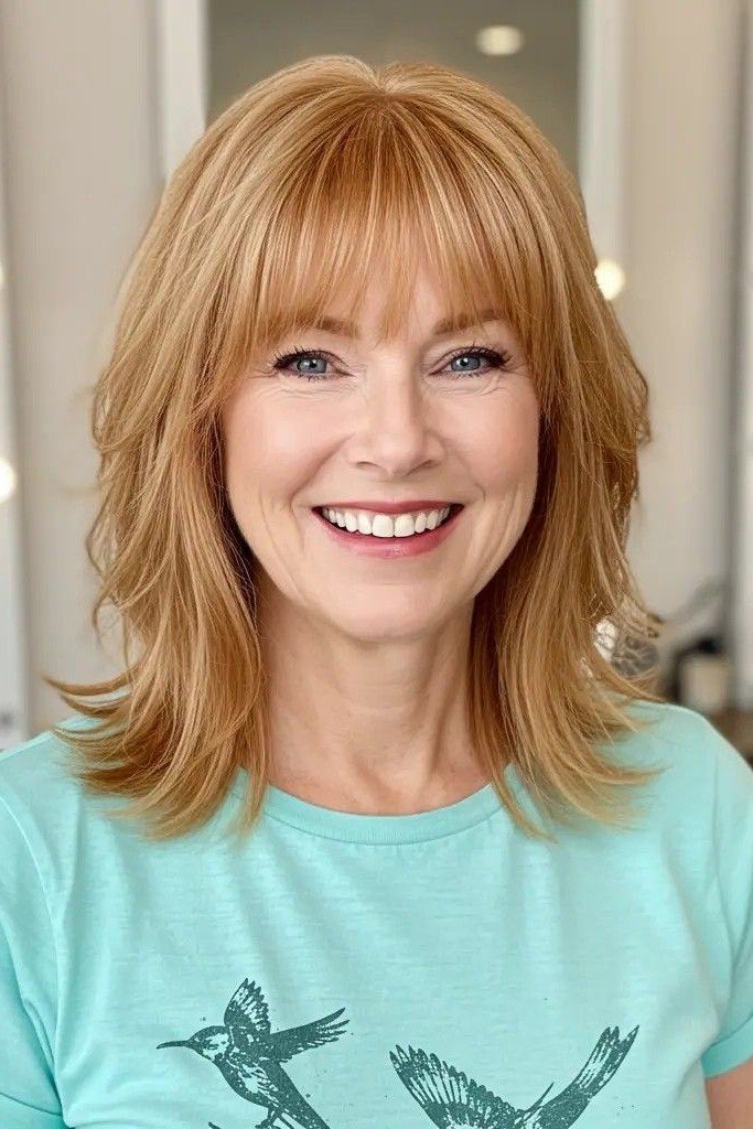 Textured Shoulder-Length Layered Hair with Straight Bangs