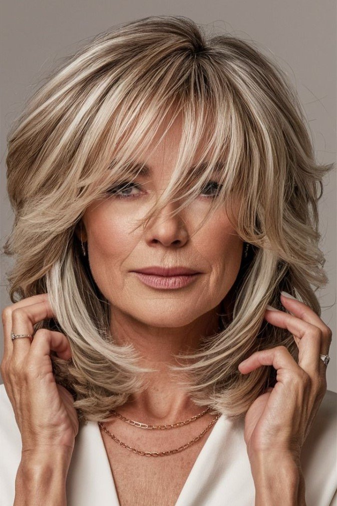 Textured Shoulder-Length Shag with Highlights and Curtain Bangs